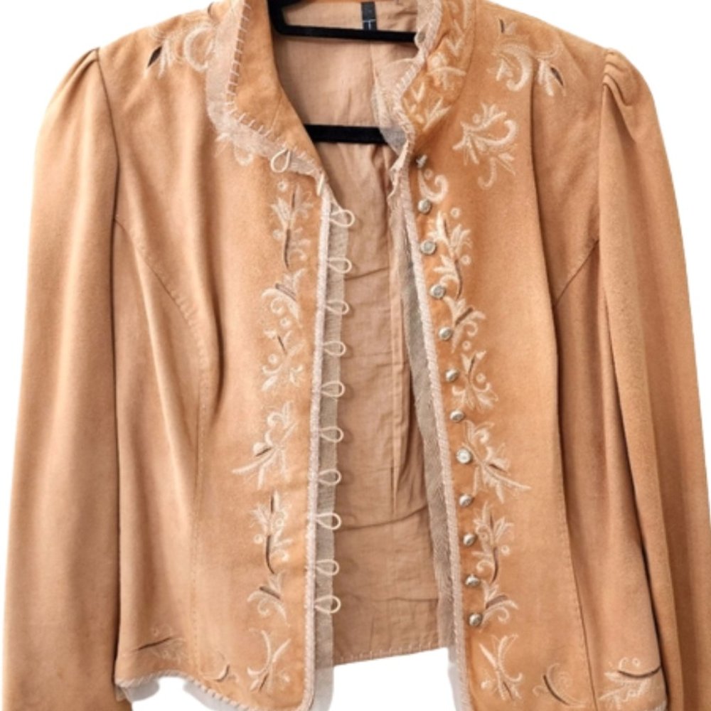 ! Tahari Women's Tan Embroidered Suede & Silver Buttons Collared Jacket Size S! - Picture 1 of 3